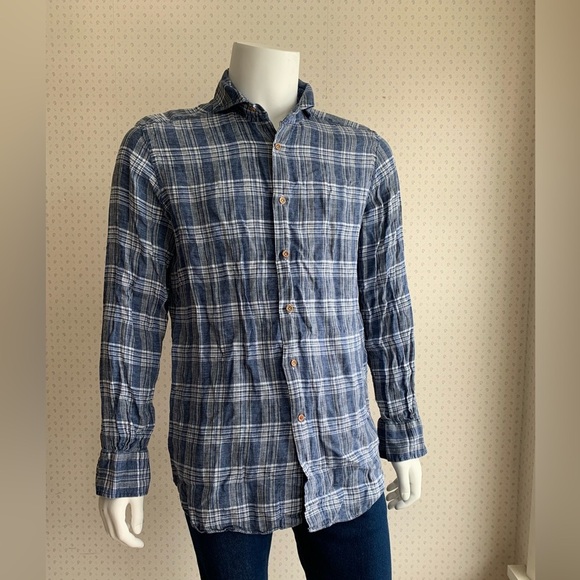 Mazzarelli Plaid Button Up Shirt Green Stone Linen sz Large PWM3 - Picture 1 of 7
